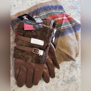 NWT Merona Brown Plaid Blanket Scarf & Fur-Trimmed Leather Gloves
